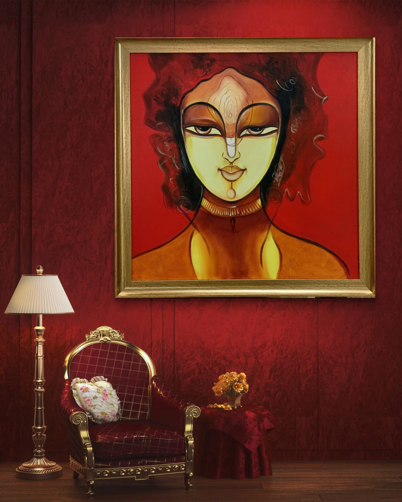 Divine Feminine Aura artwork in a luxurious red interior.
