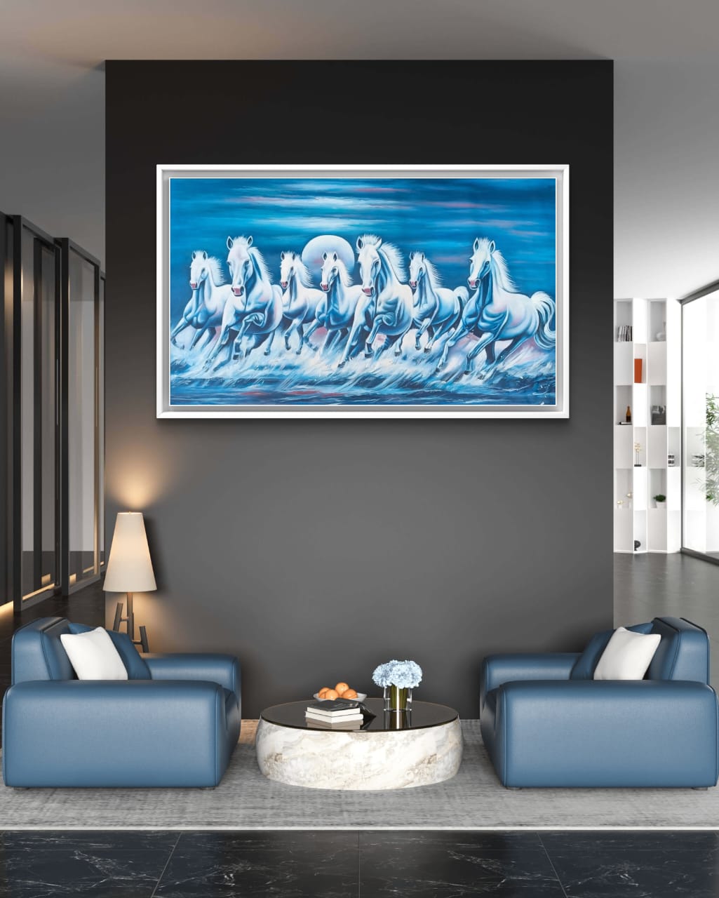 Harmony in motion artwork in modern entryway seating area