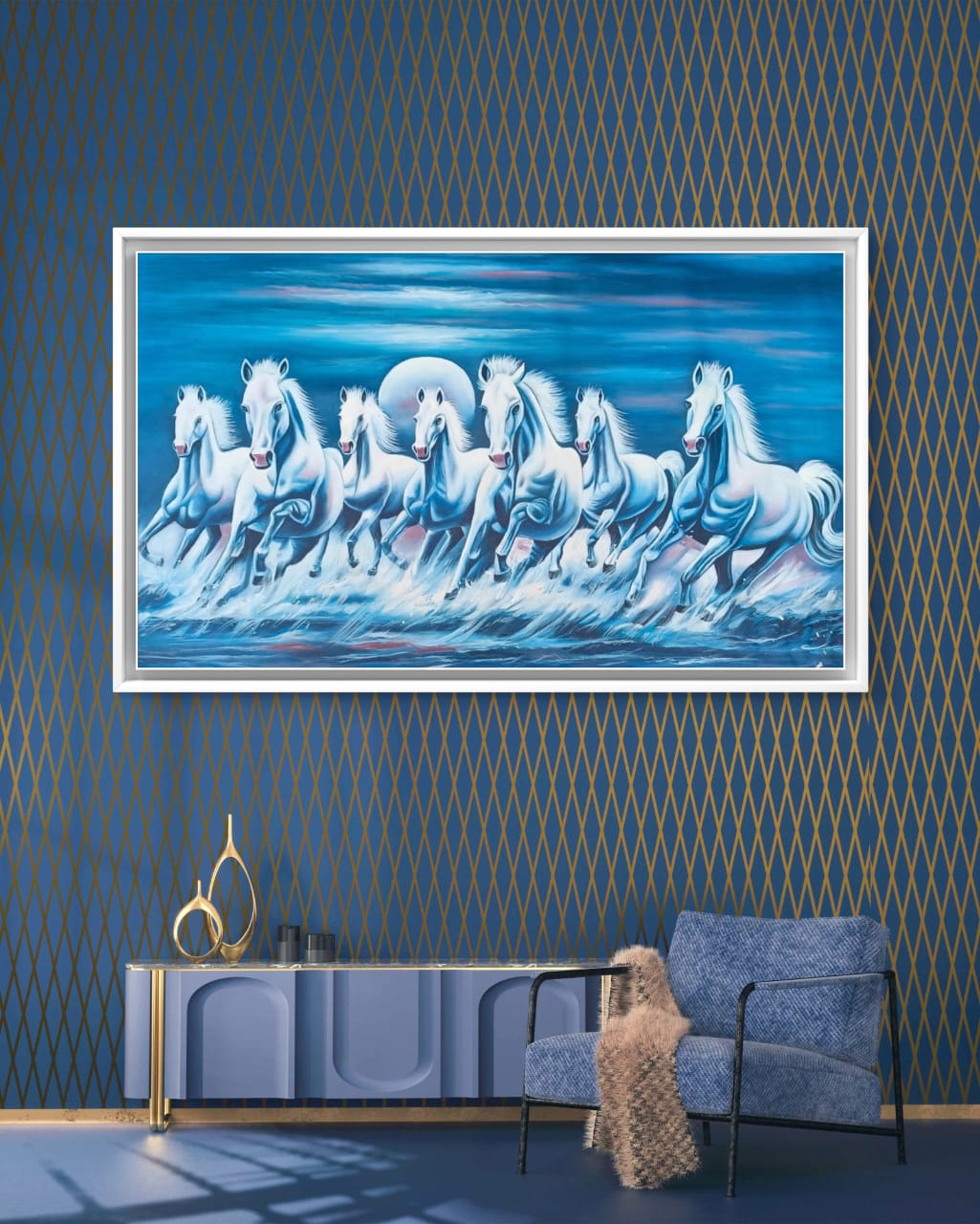 Harmony in motion artwork above minimalist blue credenza and dressing couch