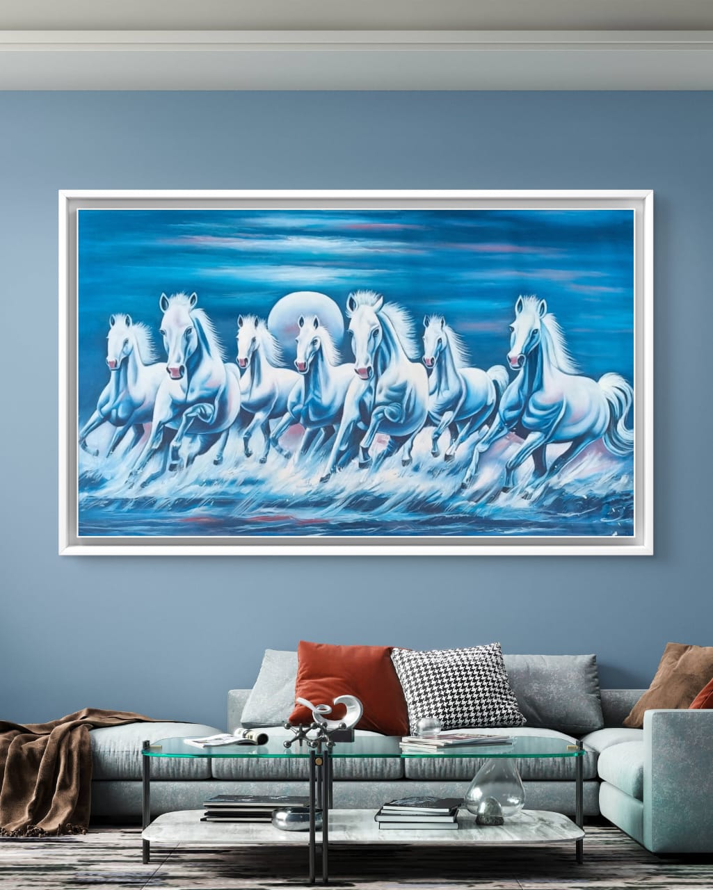 Harmony in motion artwork behind minimalist sofa set and glass coffee table