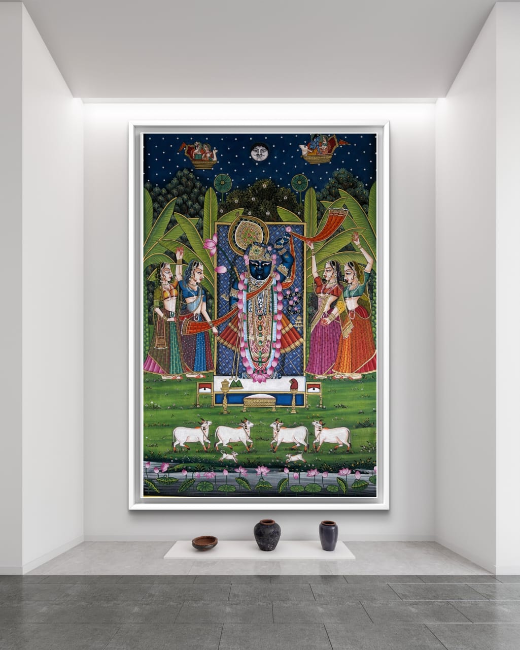 Pichwai Shrinath Ji 3 Shrinath Ji’s Divine Celebration artwork in a modern home temple room