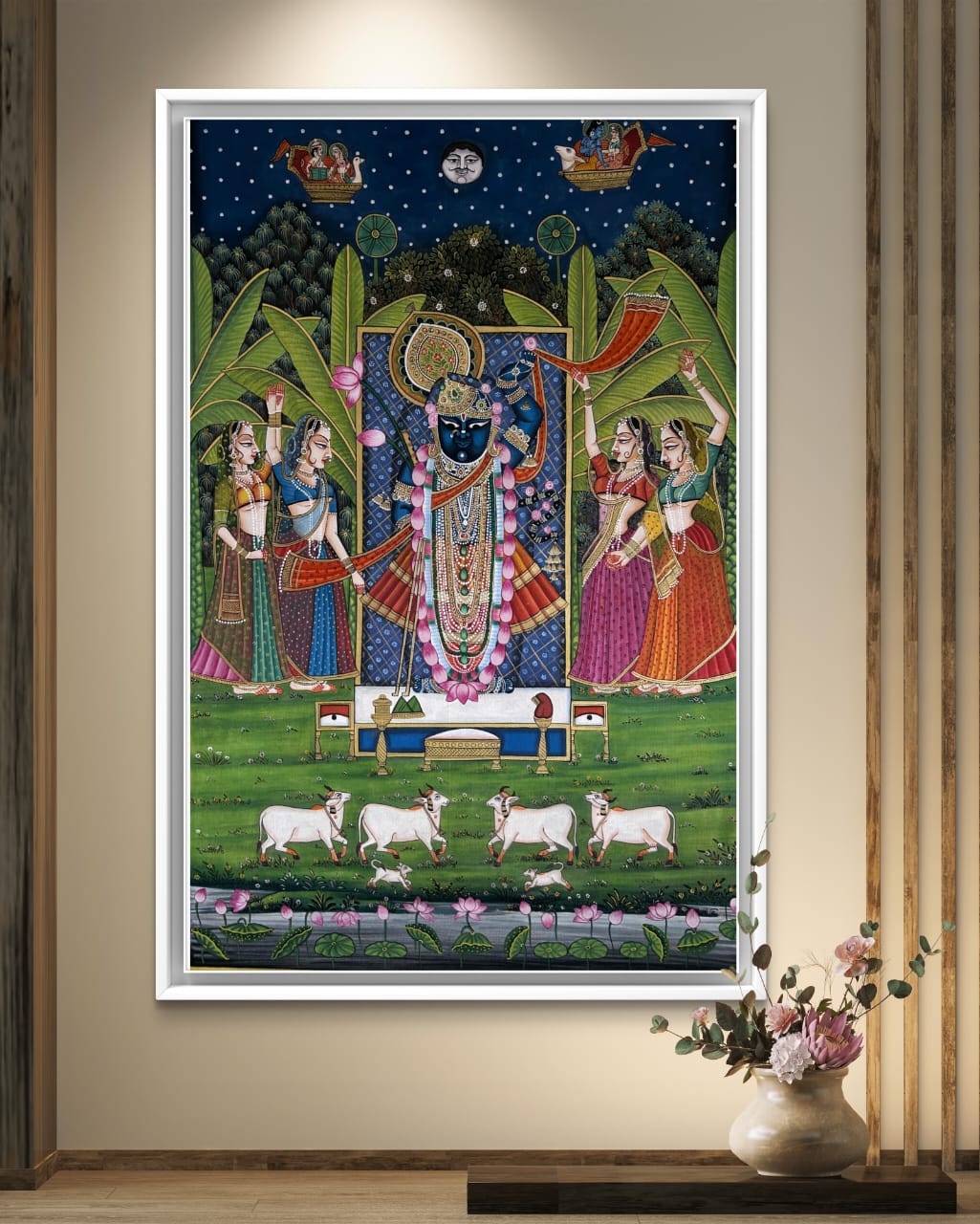 Pichwai Shrinath Ji 5 Shrinath Ji’s Divine Celebration artwork on a cream wall