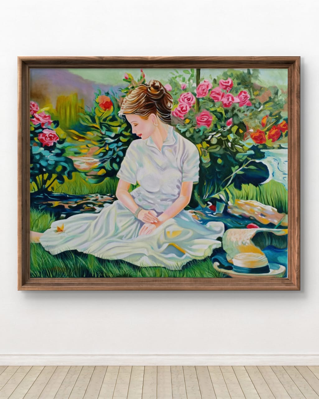 Romantic Girl's Reverie artwork on white wall with wooden flooring below