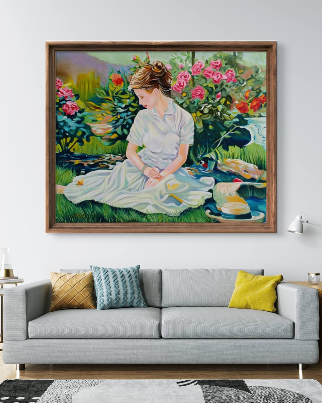 Romantic Girl's Reverie artwork above minimalist couch in modern home