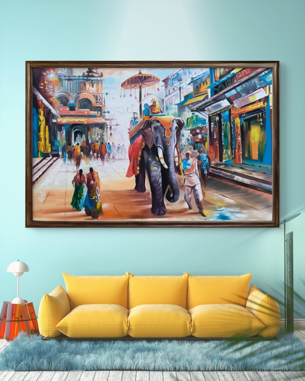 Royal Walk in Old Delhi 6 Royal Walk in Old Delhi in minimalist blue interior over yellow couch