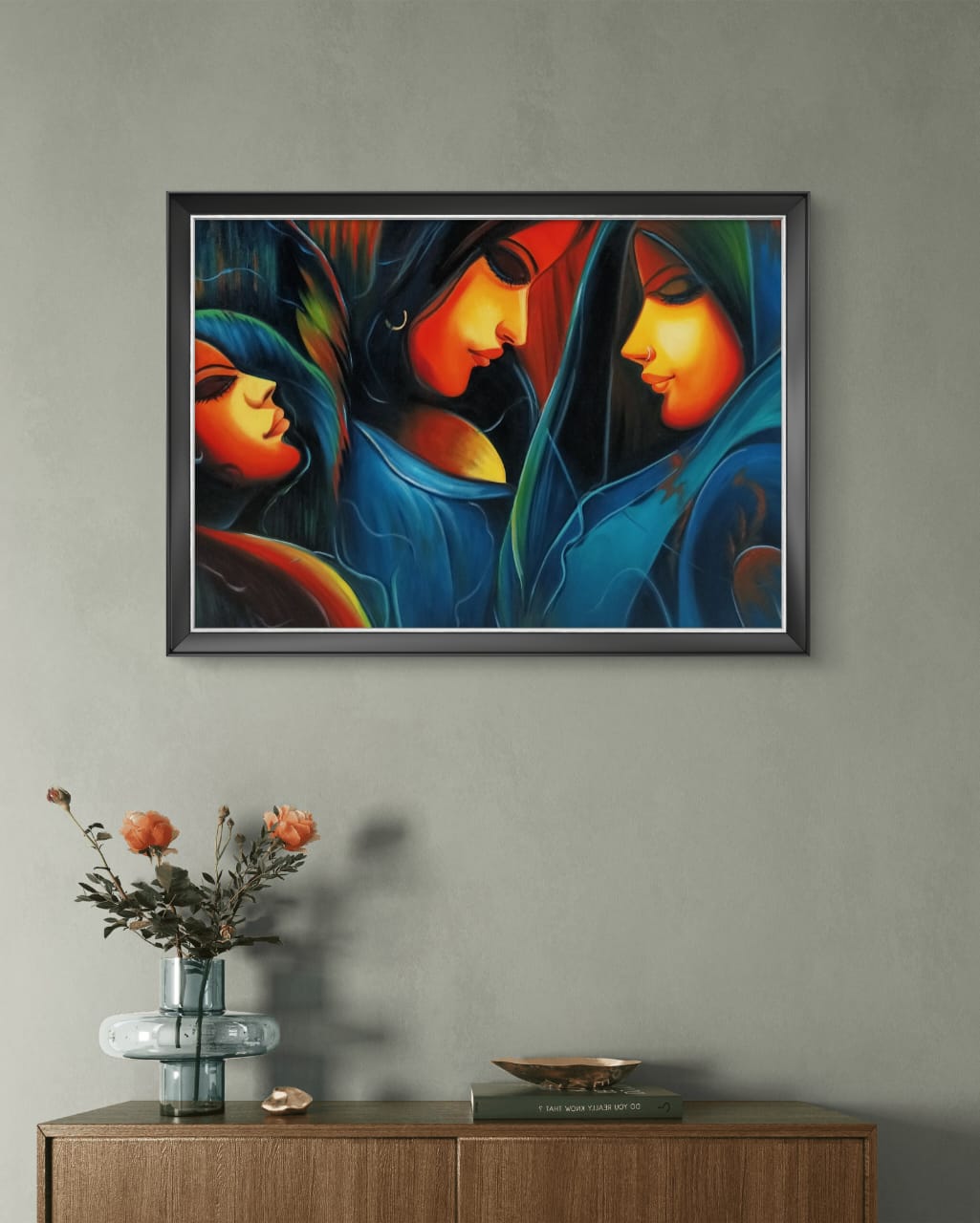 Three Sisters in Serenity 10 Three Sisters in Serenity artwork grey wall over wooden credenza