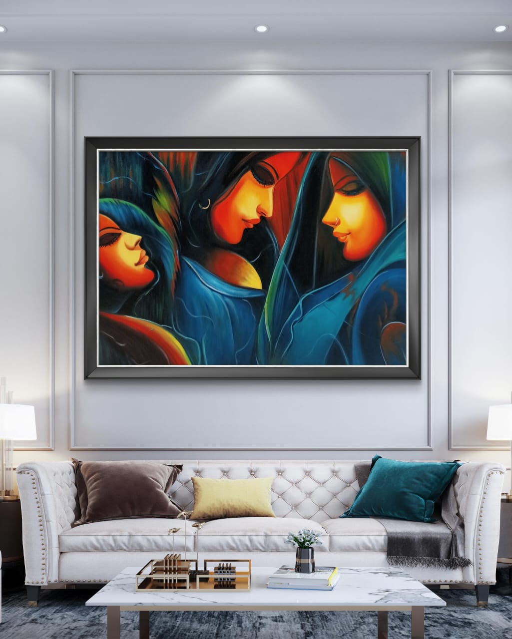 Three Sisters in Serenity 11 Three Sisters in Serenity artwork above a luxurious sofa set