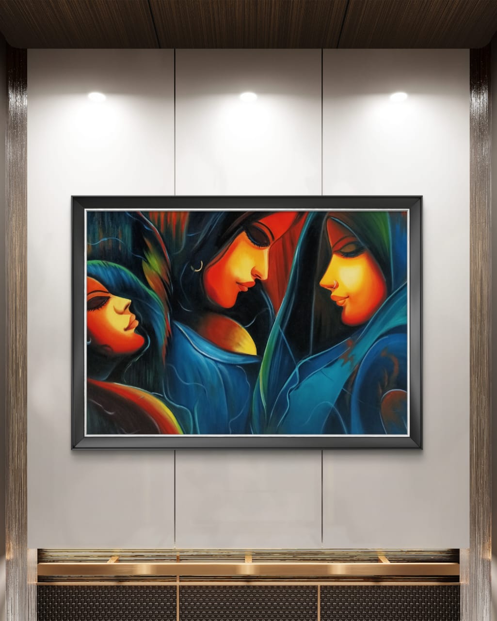 Three Sisters in Serenity 12 Three Sisters in Serenity artwork on marbled wall with lighting above