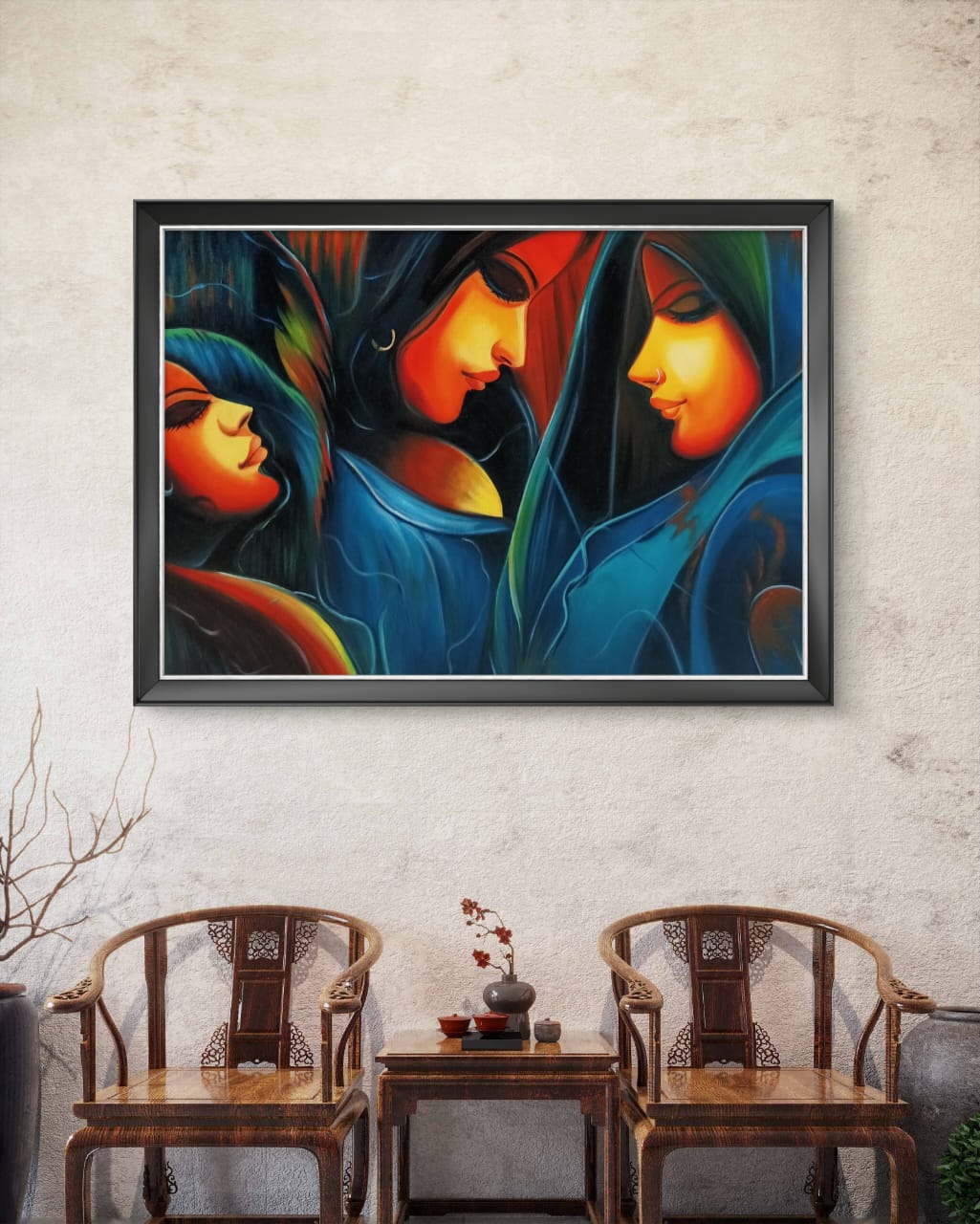 Three Sisters in Serenity 13 Three Sisters in Serenity artwork above 2 wooden chairs