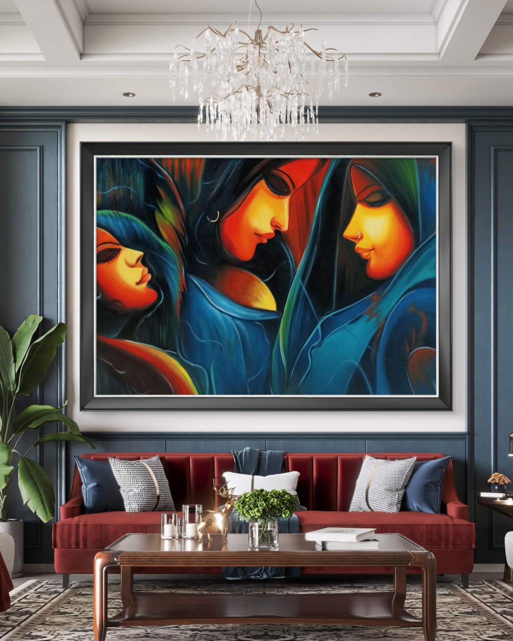Three Sisters in Serenity 14 Three Sisters in Serenity artwork over velvet couch in modern living room with chandelier above