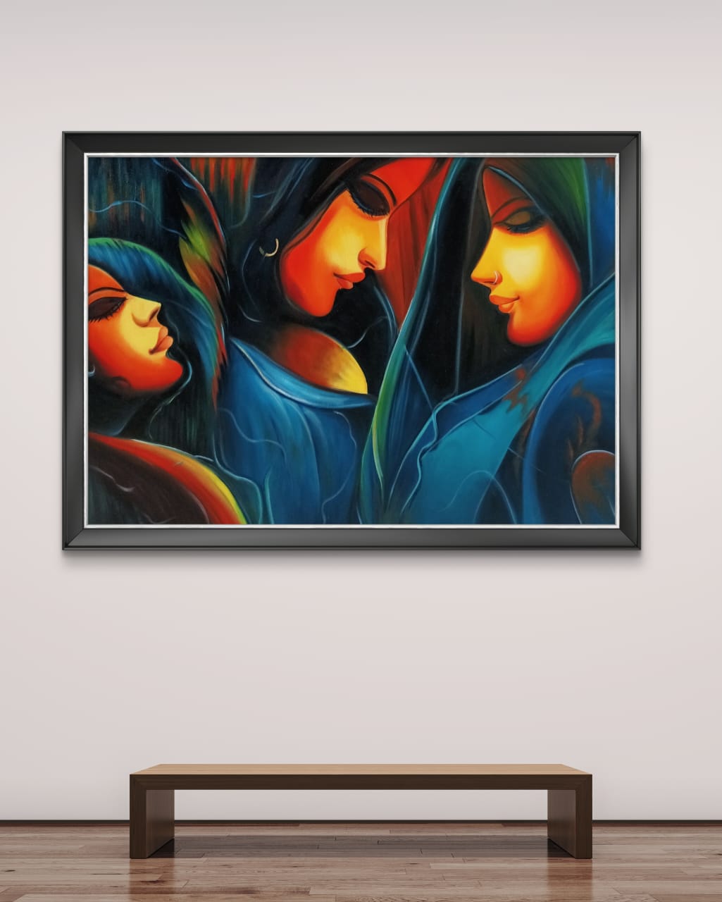 Three Sisters in Serenity 6 Three Sisters in Serenity artwork above wooden bench in modern home