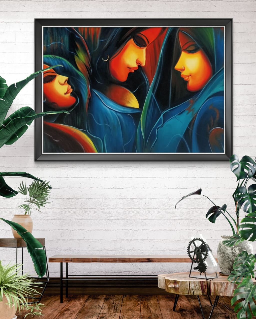 Three Sisters in Serenity 9 Three Sisters in Serenity artwork on white tiled wall in garden room