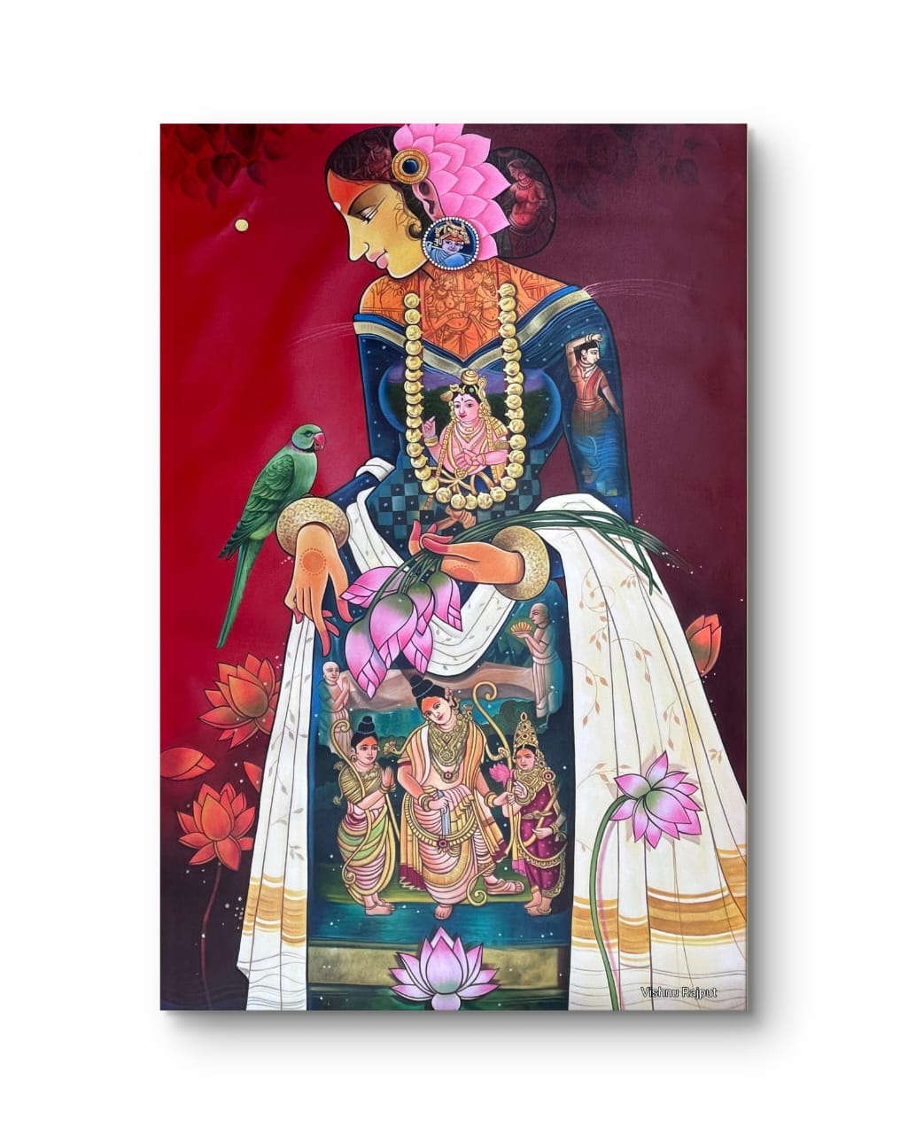 Divine Feminine Grace 3 Divine feminine grace painting with lotus flowers and green parrot on vibrant red background
