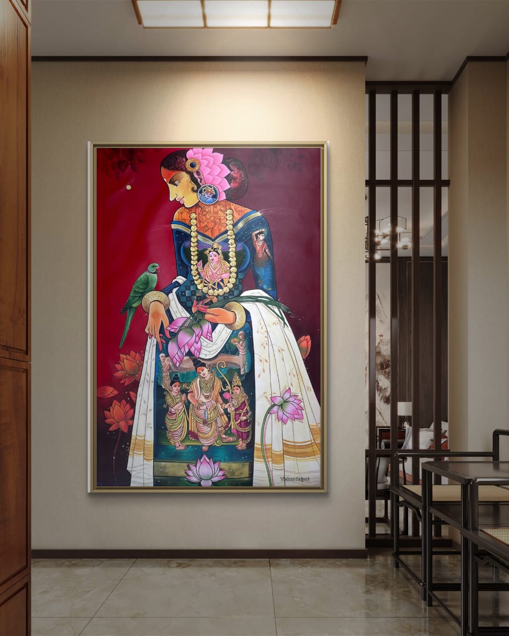Divine feminine grace artwork with lotus symbolism displayed in contemporary Asian-inspired interior