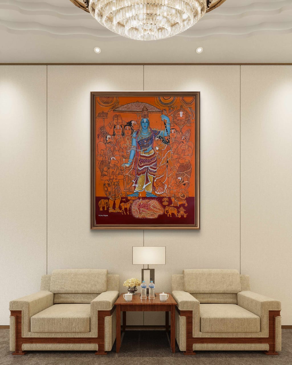 Divine Rama artwork displayed in elegant living room with crystal chandelier