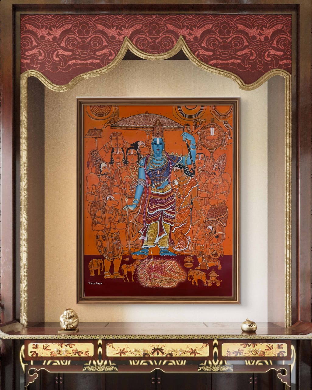Divine Saga of Ram Artwork displayed in a home temple.