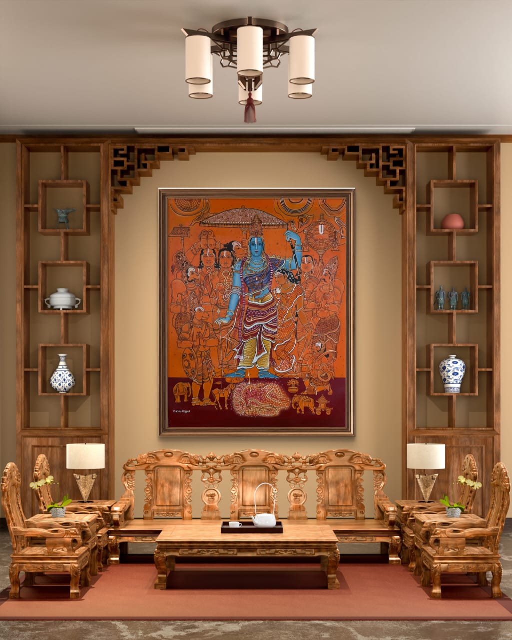 Divine Saga of Ram artwork in main living room wall behind beautiful wooden sofa set