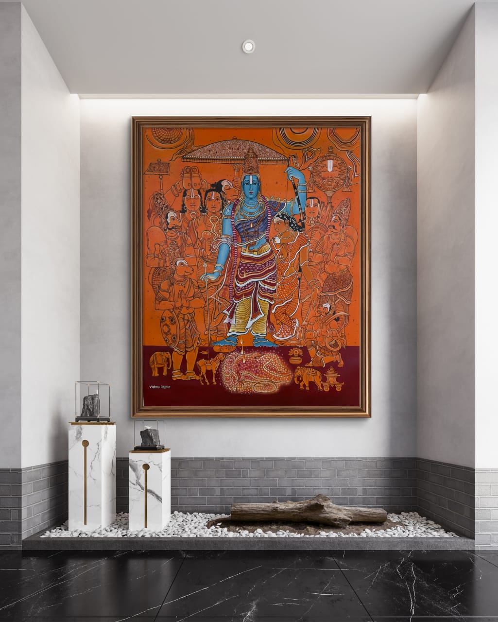Divine Saga of Ram artwork over white marble pedestals, and driftwood on the floor