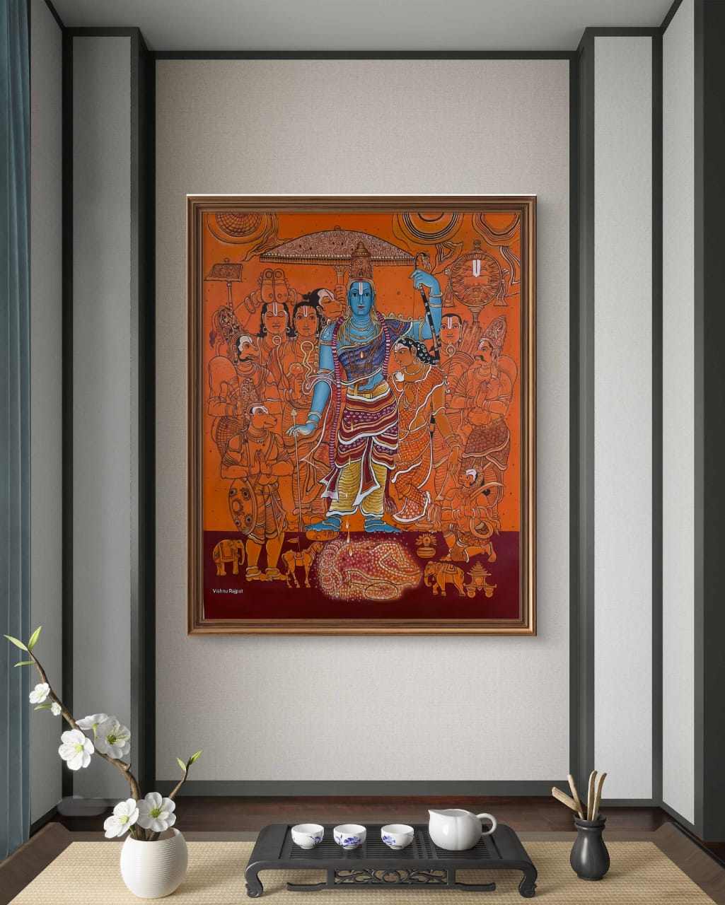 Divine Saga of Ram artword on a wall with a tea set and vases below