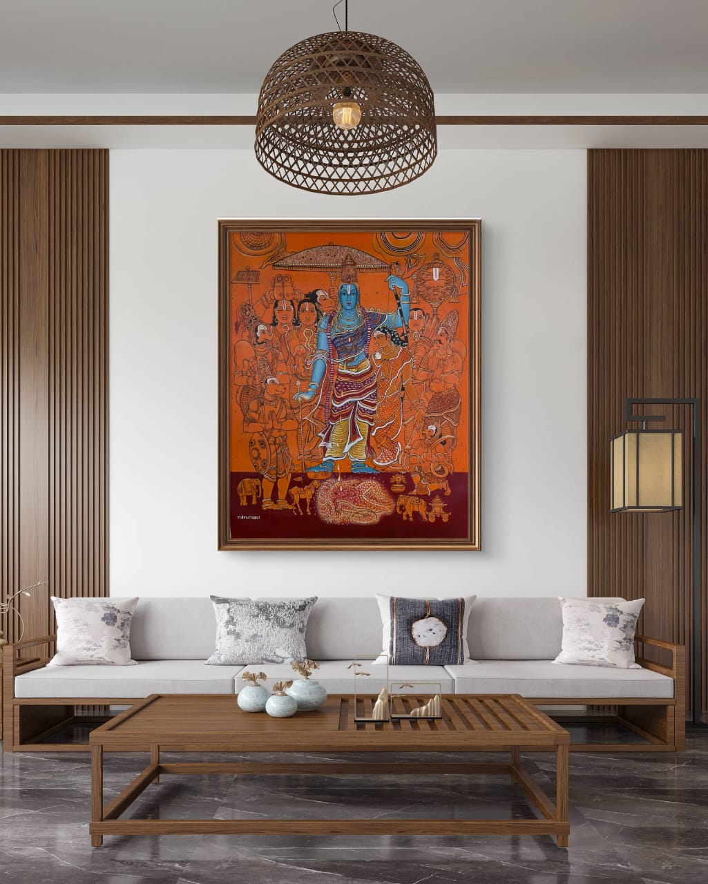 Divine Saga of Ram artwork displayed above a white sofa in a modern living room
