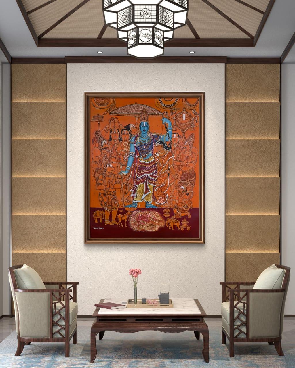 Divine Saga of Rama artwork displayed above a coffee table in a modern home