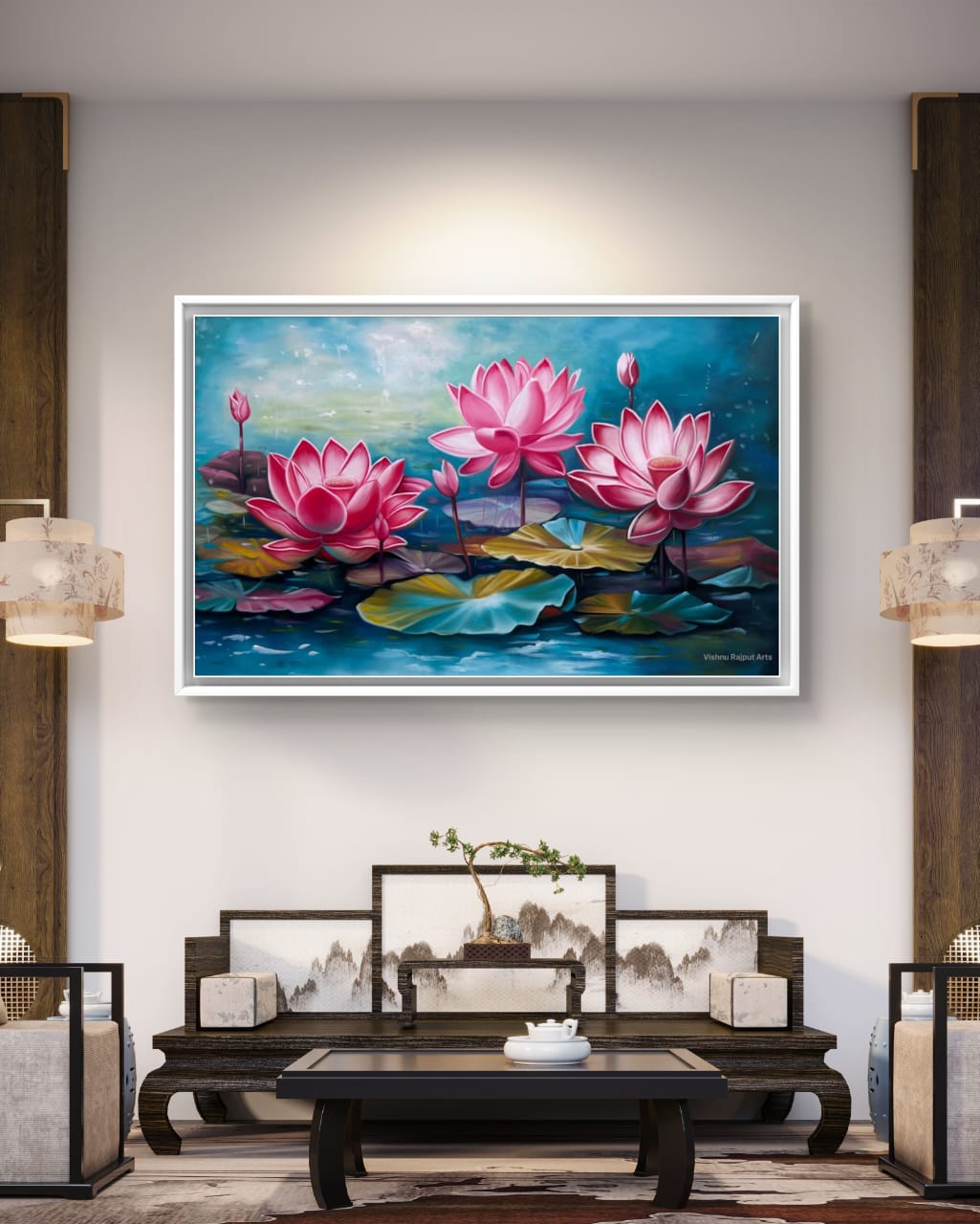 Lotus Symphony 12 lotus symphony artwork behind a sofa set in modern living room