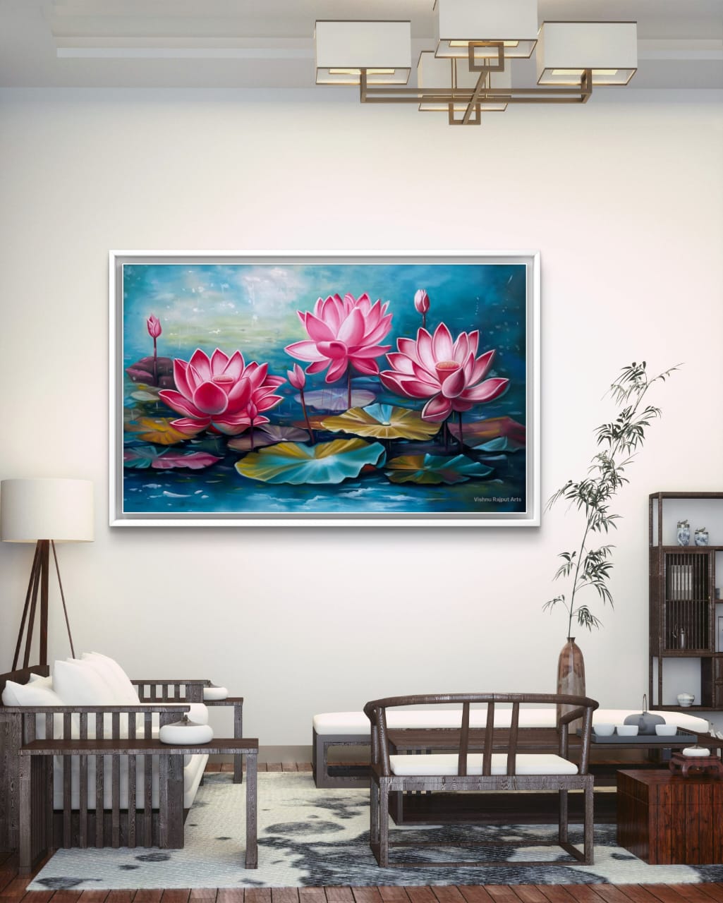 Lotus Symphony 13 lotus symphony artwork on a white wall in modern living room