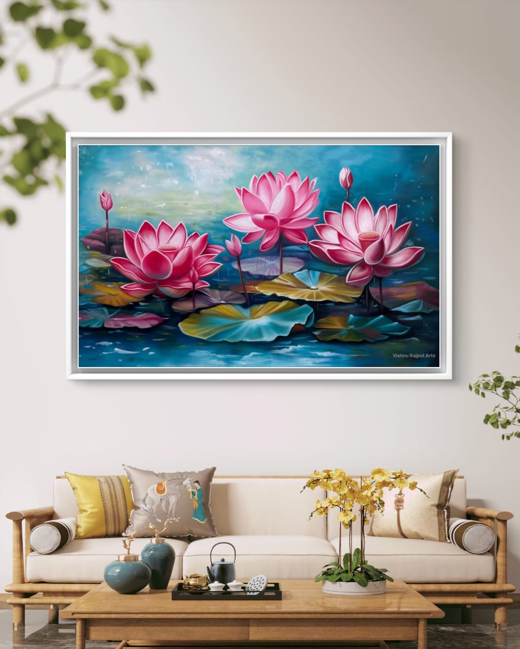 Lotus Symphony 14 lotus symphony artwork over a beautiful wooden sofa and coffee table set