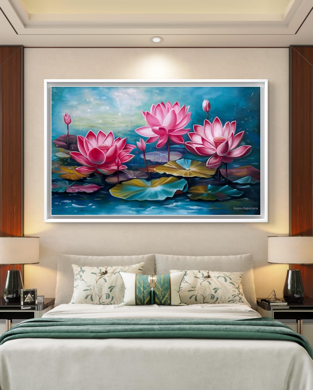 Lotus Symphony 15 lotus symphony artwork over king size bed in modern bedroom