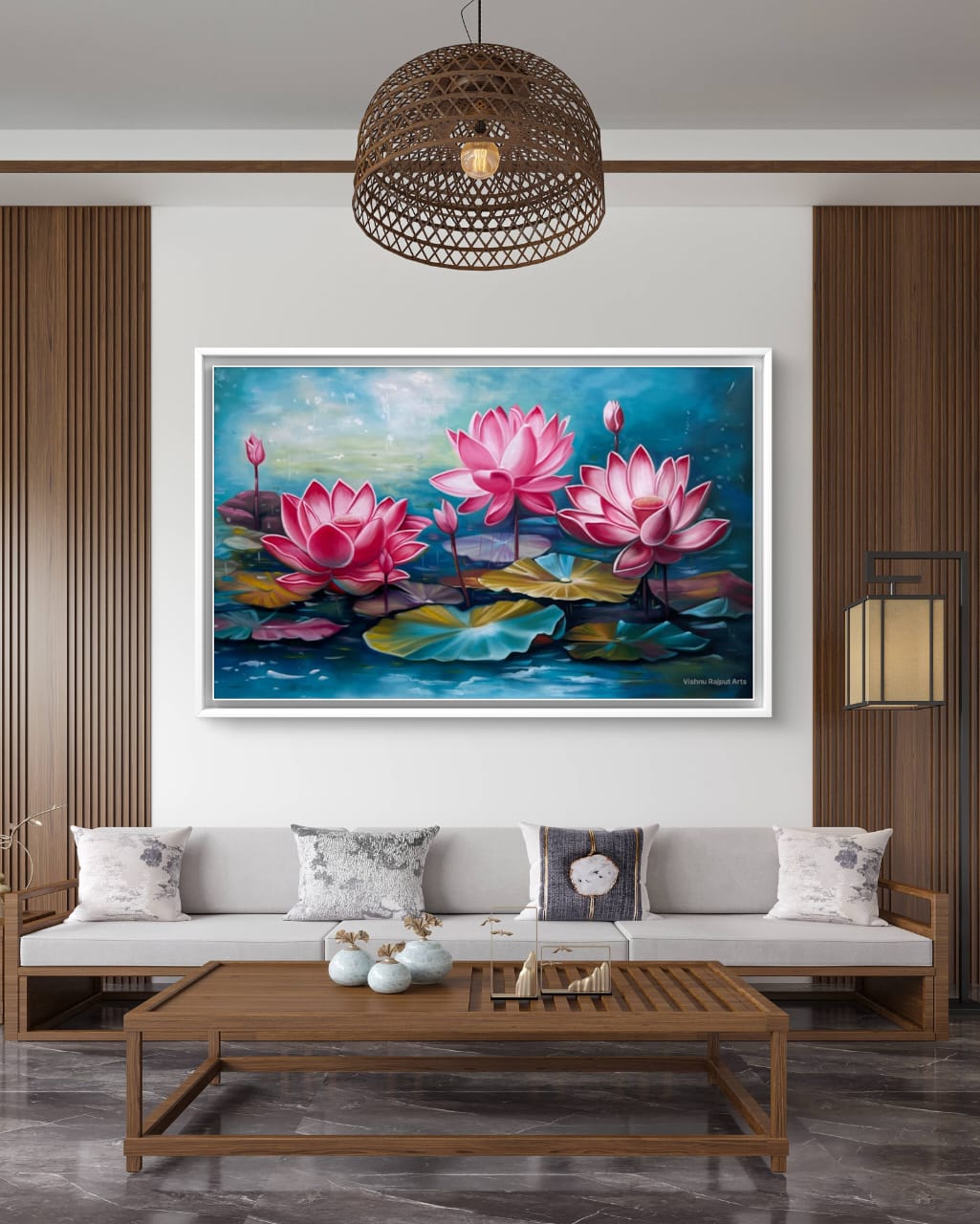 Lotus Symphony 16 lotus symphony artwork over a white sofa in modern living room
