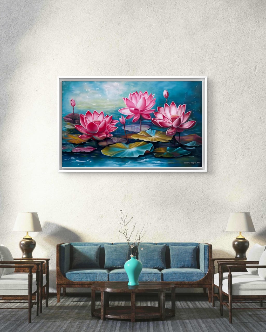 Lotus Symphony 4 lotus symphony artwork behind minimalist wooden sofa set