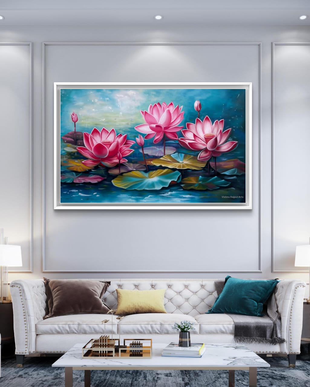 Lotus Symphony 5 lotus symphony artwork behind luxurious sofa set