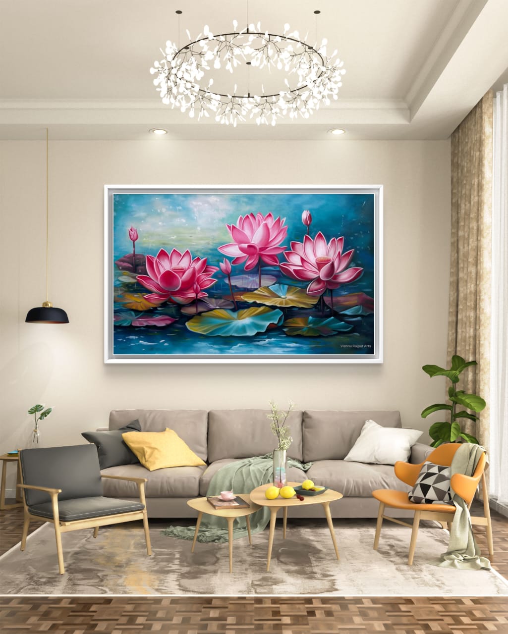 Lotus Symphony 6 lotus symphony artwork above modern grey couch and chandelier above
