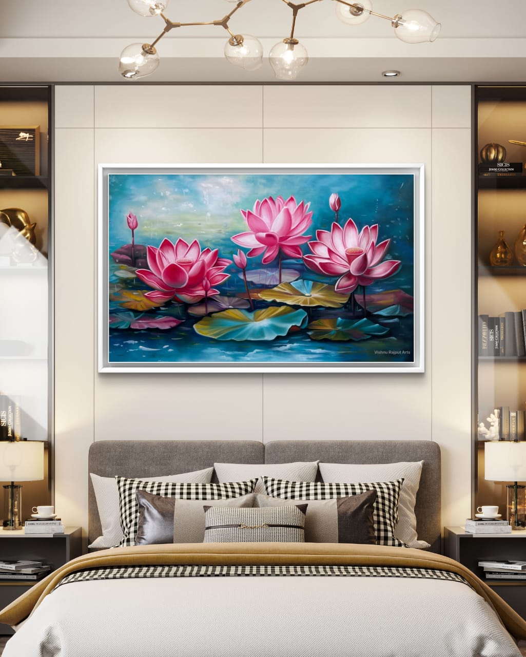 Lotus Symphony 7 lotus symphony artwork over queen size bed in modern bedroom