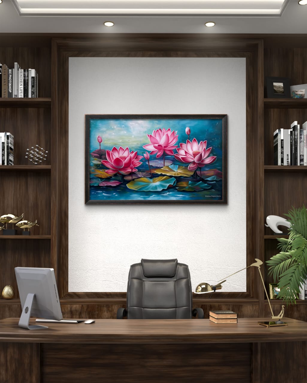 Lotus Symphony 9 lotus symphony artwork on wall behind a chair in a private office