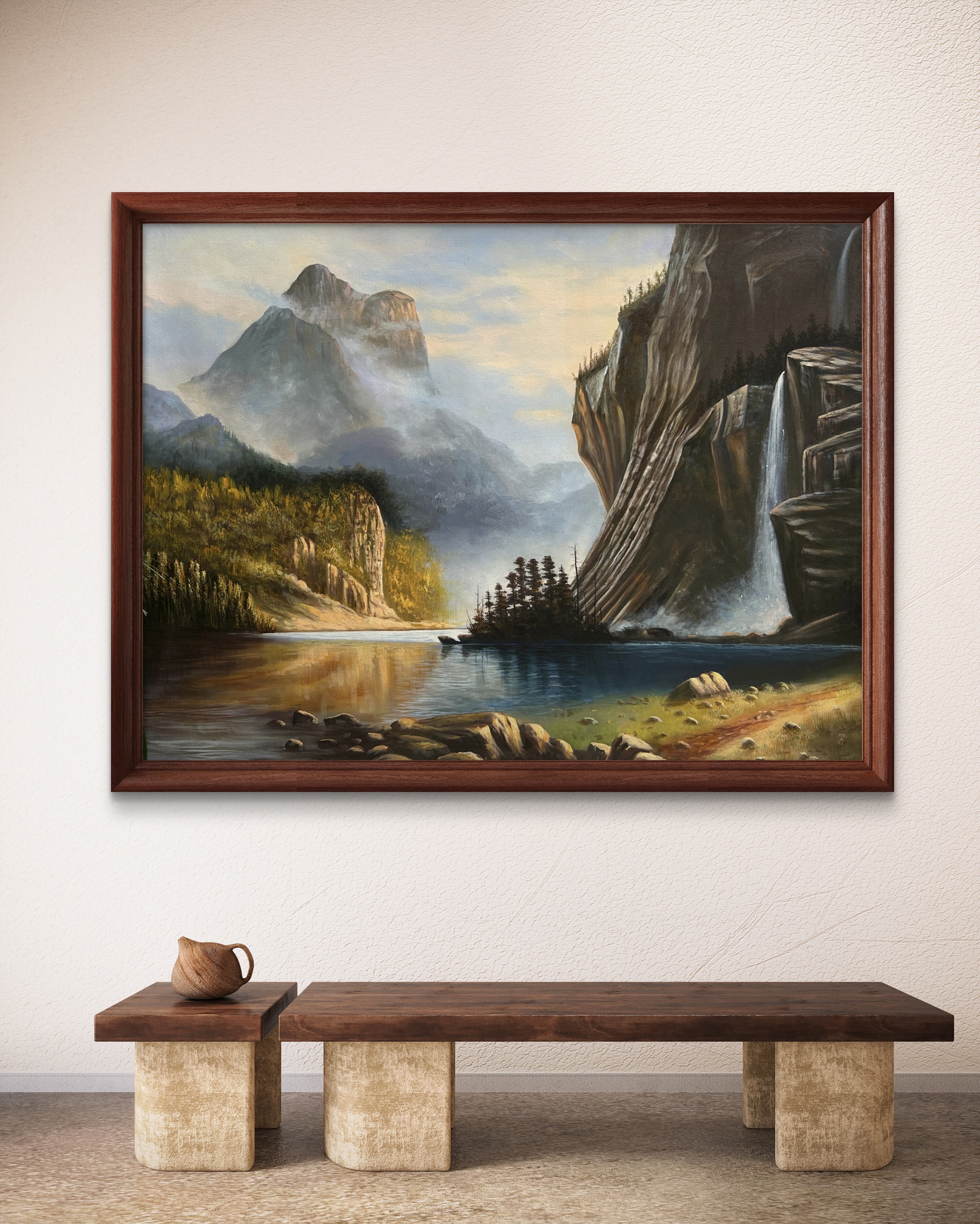 Misty Mountain Falls Acrylic Landscape Painting