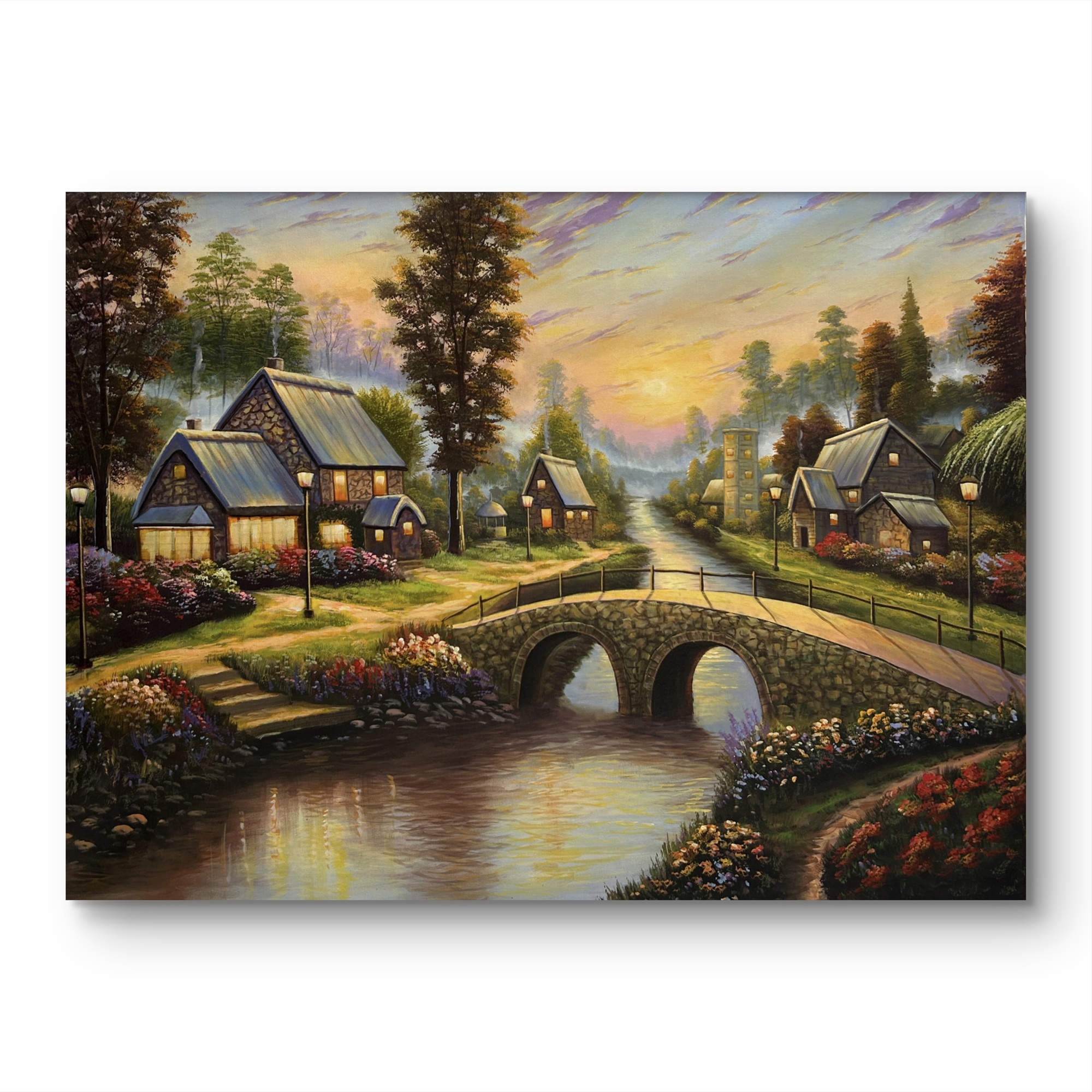 Twilight Village Acrylic Landscape Painting