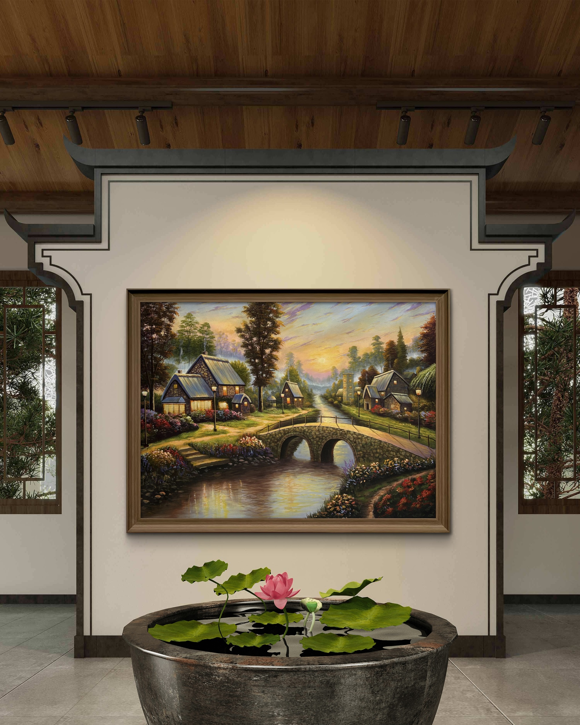 Twilight Village Acrylic Landscape Painting