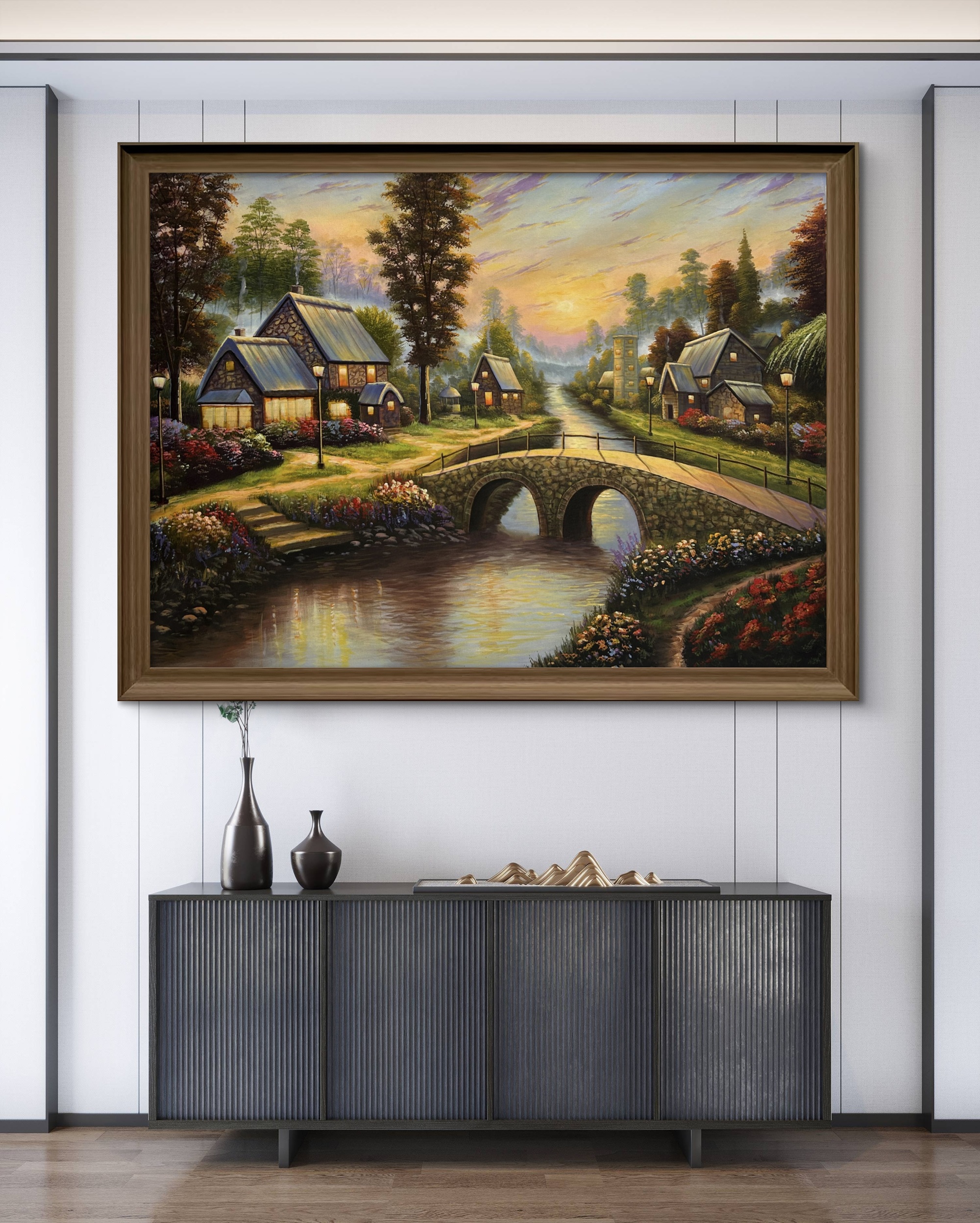 Twilight Village Acrylic Landscape Painting