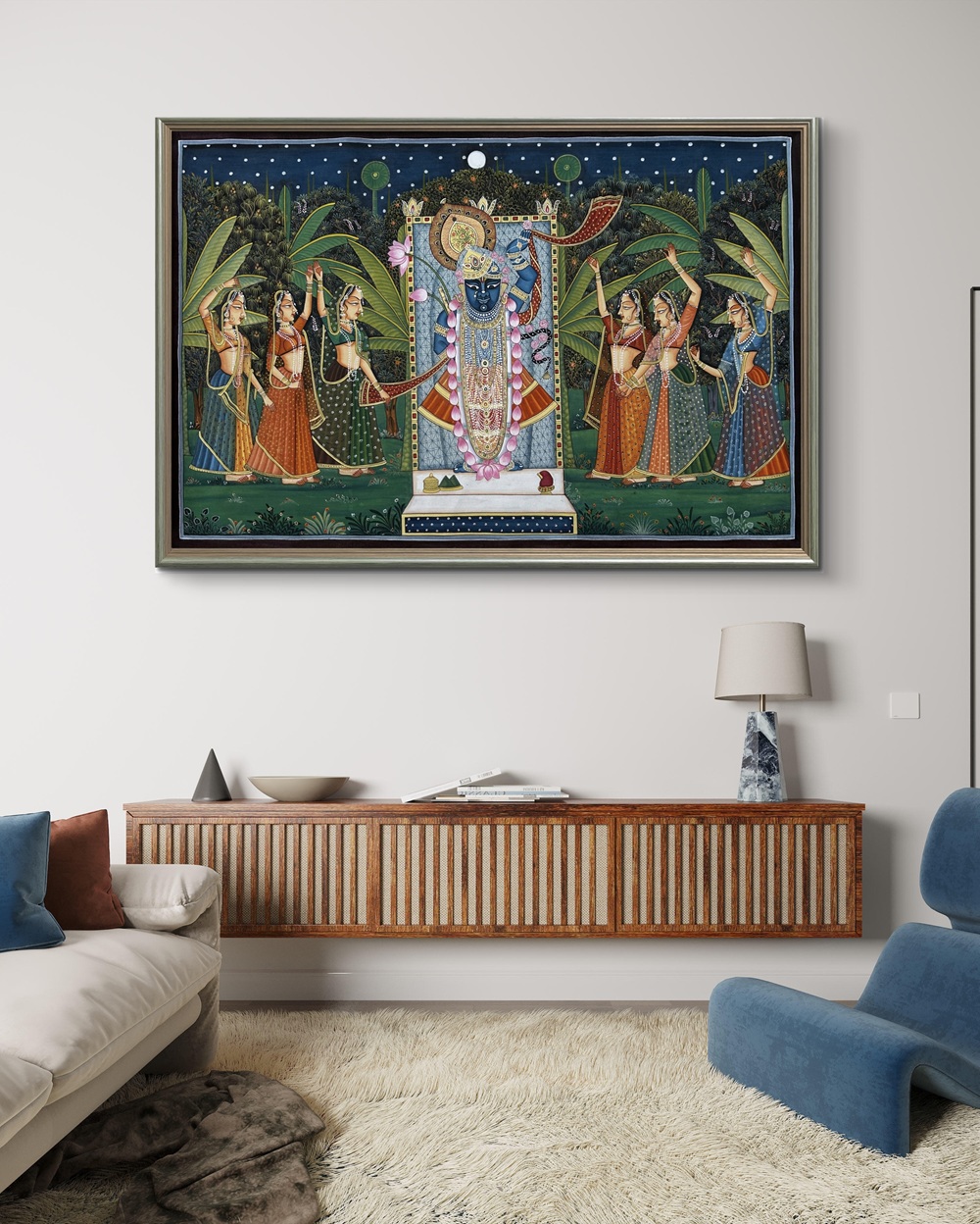Moonlit Devotion of Shrinathji Natural Colour Painting Moonlit Devotion of Shrinathji Natural Colour Painting