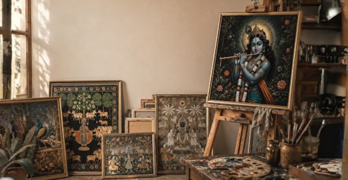 Indian Art Online featuring traditional Indian painting styles including Madhubani and miniature artworks in an elegant display