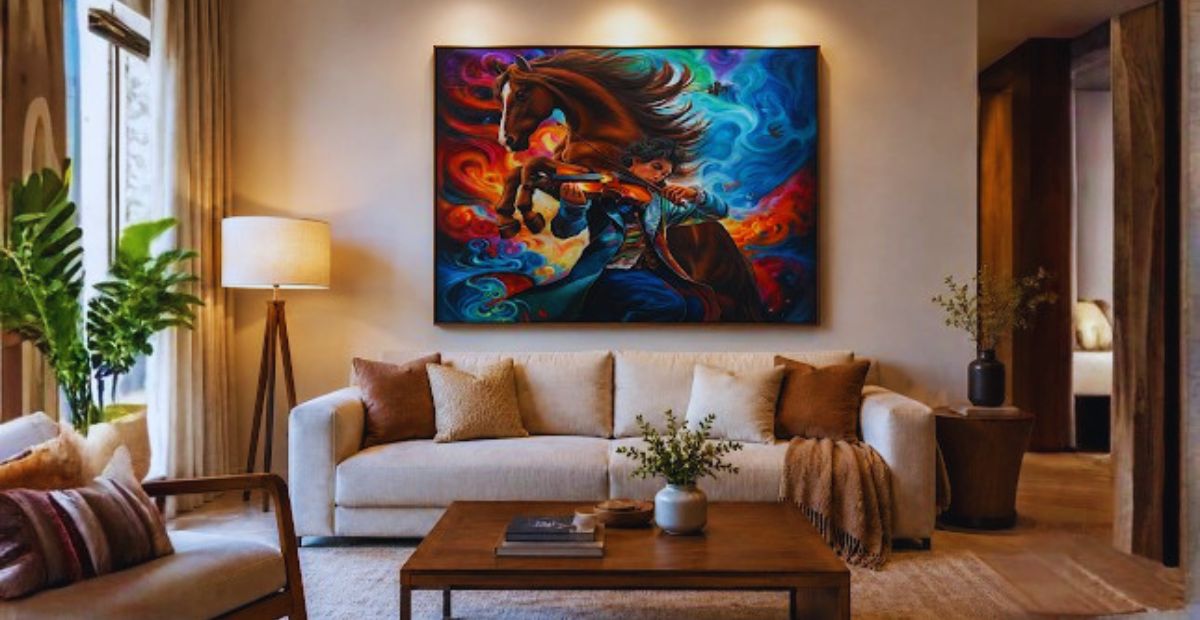 Handmade horse painting displayed above a sofa in a living room