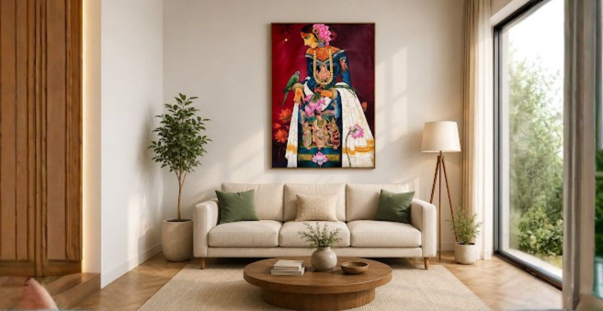 Handmade painting displayed above a sofa in a living room