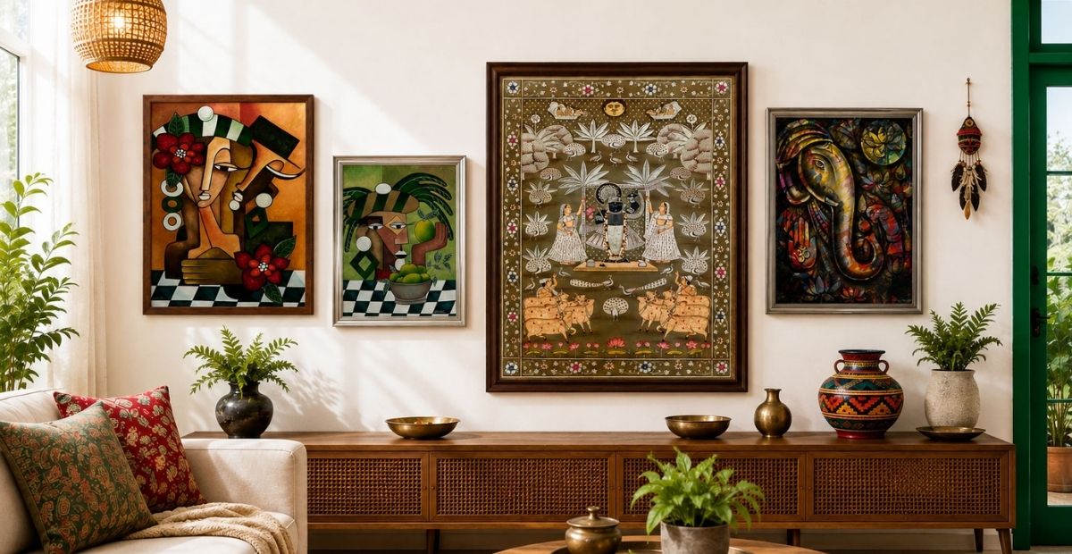 Affordable Indian art paintings displayed in a warm home interior