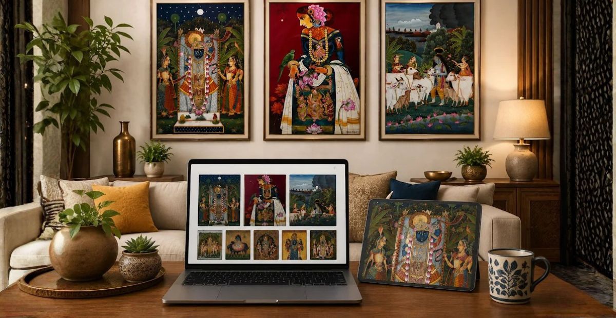 Handmade Indian paintings displayed in a living room
